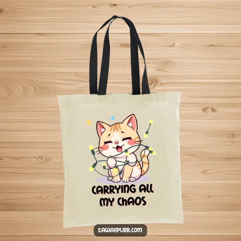 Funny kawaii cat tangled in lights, looking comically distressed, carrying a tote bag.