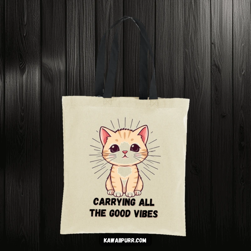 Funny Kitten Tote Bag depicting a joyful cat with exaggerated, radiating purr lines, perfect for carrying daily items with humor.