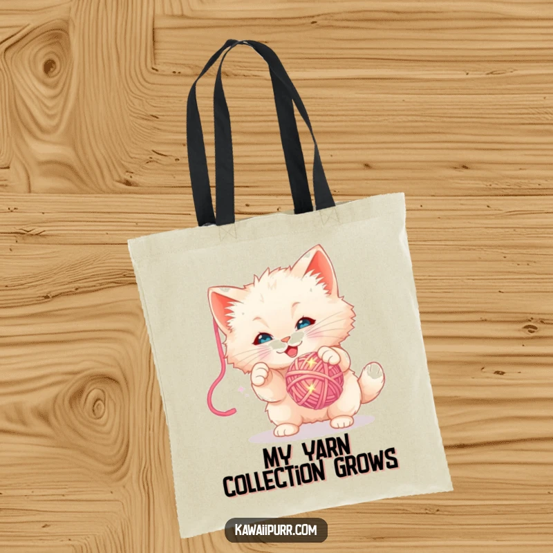 Funny Tote Bag: A fluffy kitten character in a playful stance, trying to bat a sparkly yarn ball, perfect for cat lovers.