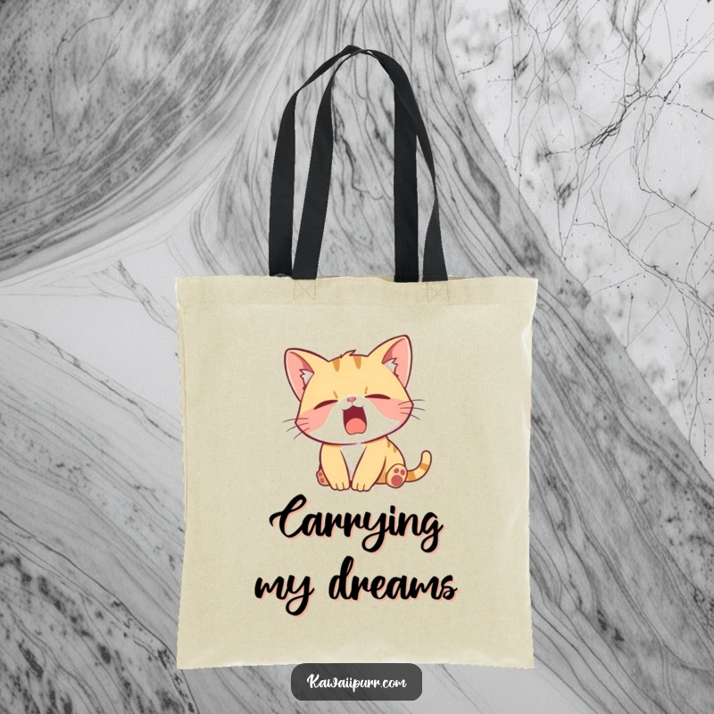 Funny Tote Bag with a lazy kitten character in a wide yawn, perfect for carrying groceries with a humorous and adorable feline vibe.