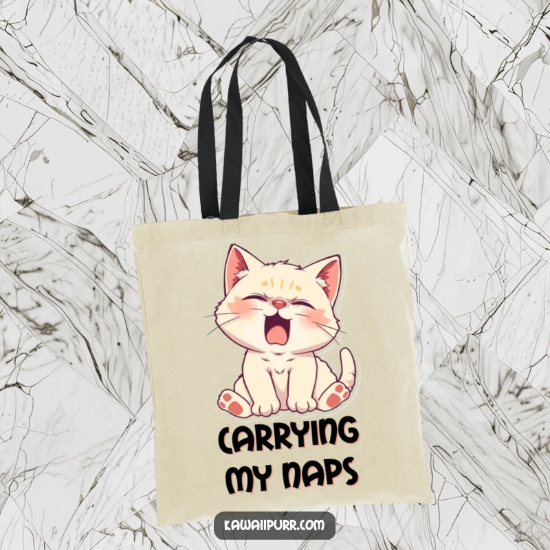 Funny Kitten Character stretching lazily with a yawn on a durable tote bag, celebrating relaxed vibes.