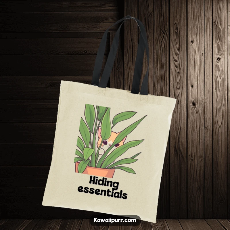 Funny Peek-a-Boo Cat Tote Bag featuring a cat mischievously peeking from behind a large houseplant, ready for adventure.