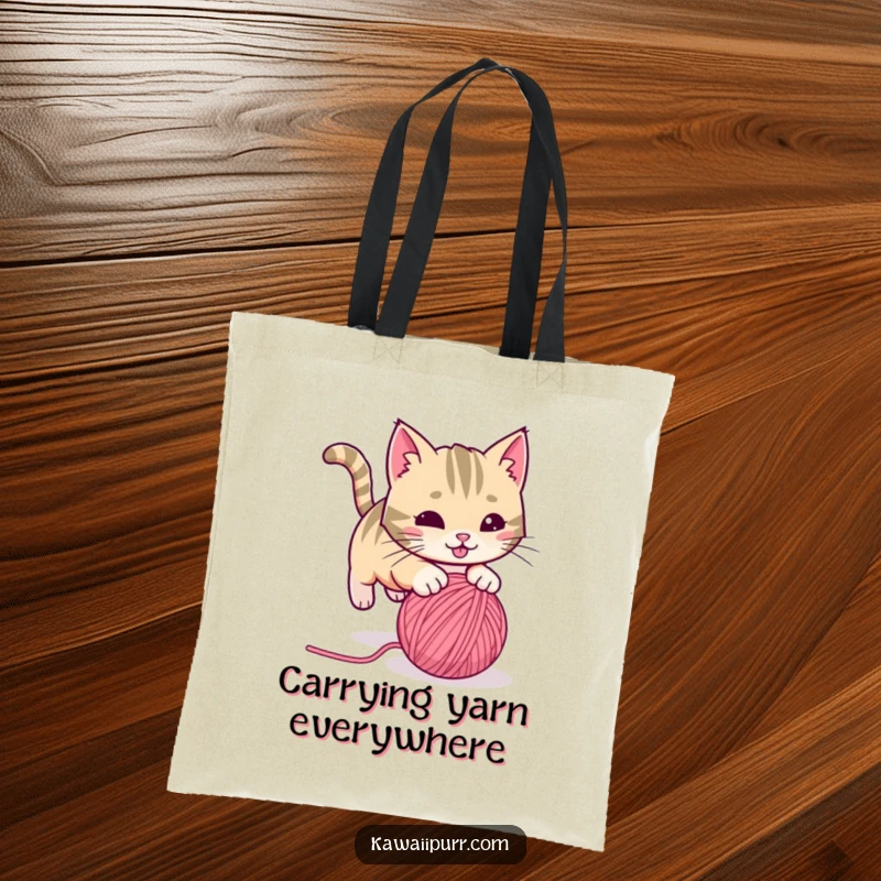 Funny playful cat with a twitching tail, pouncing on a rolling ball of yarn, on a tote bag. A humorous and practical accessory for cat lovers.