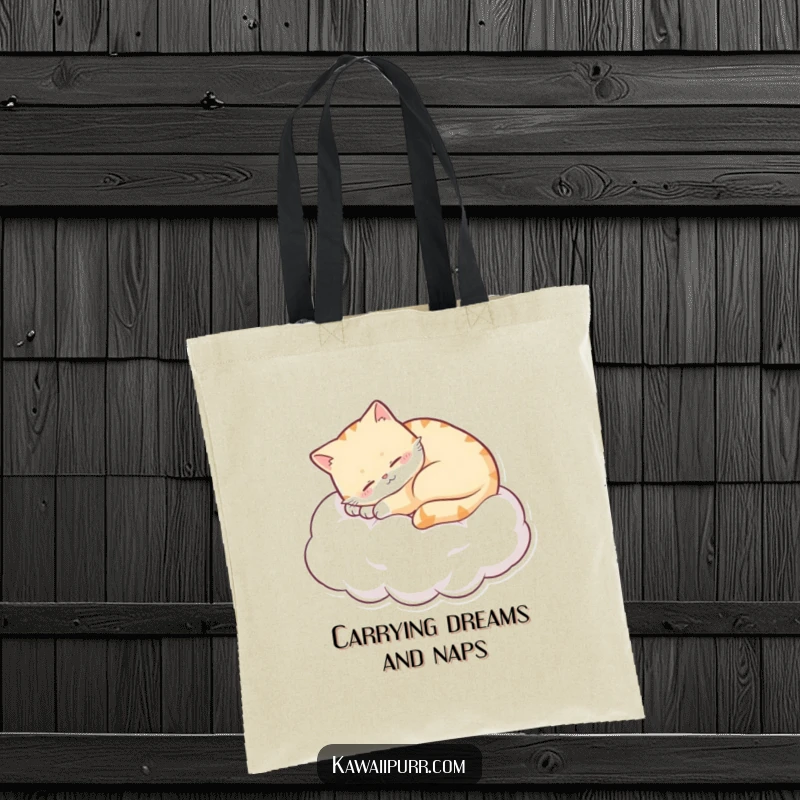 Funny sleepy cat curled on a cloud, purring with a content smile, on a durable tote bag. A charming and humorous accessory.