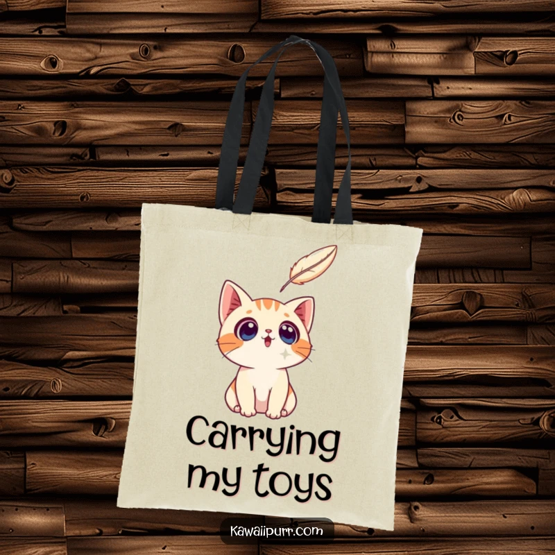 Funny surprised cat character looking up at a floating feather, designed on a practical tote bag for cat enthusiasts.