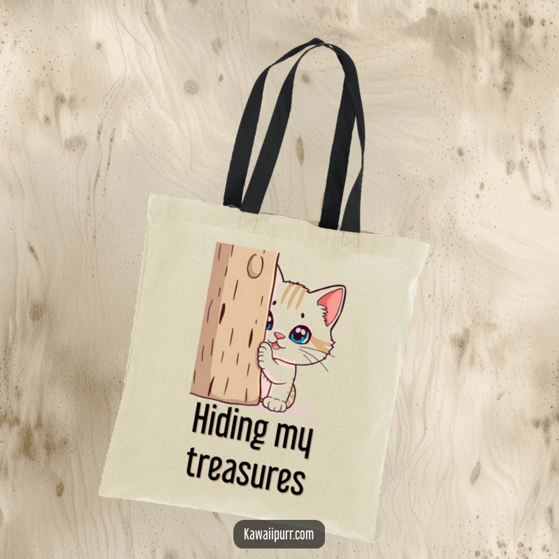 Funny Tote Bag: Mischievous cat character hiding behind a scratching post, designed for cat lovers and humor enthusiasts.