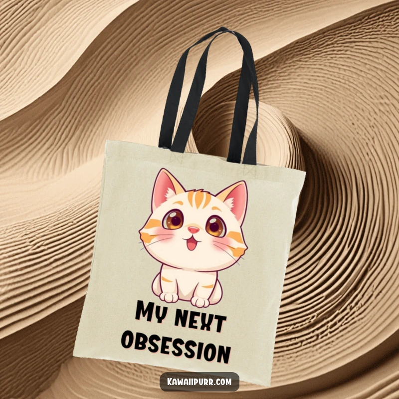 Funny cat character with large, excited eyes looking up, expressing wonder on a stylish tote bag.